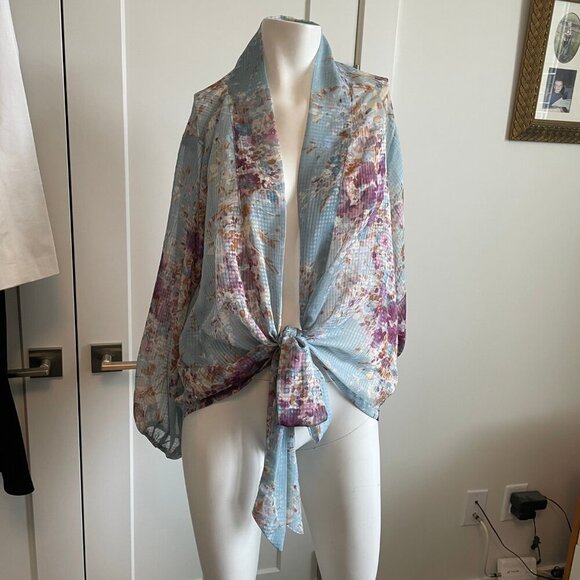Lovestitch LS Sheer Tunic Length Open Front Tie Floral Kimono Style Top Blue S - Picture 11 of 11